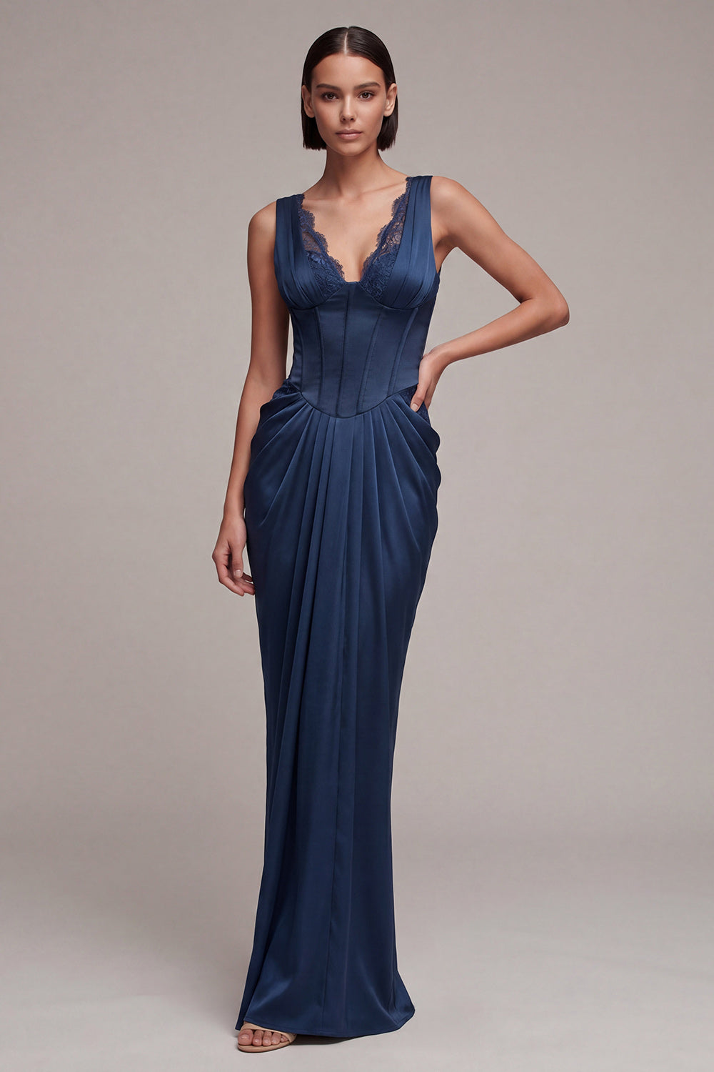 Navy Mermaid Corset V-Neck Ruched Long Evening Dress with Lace