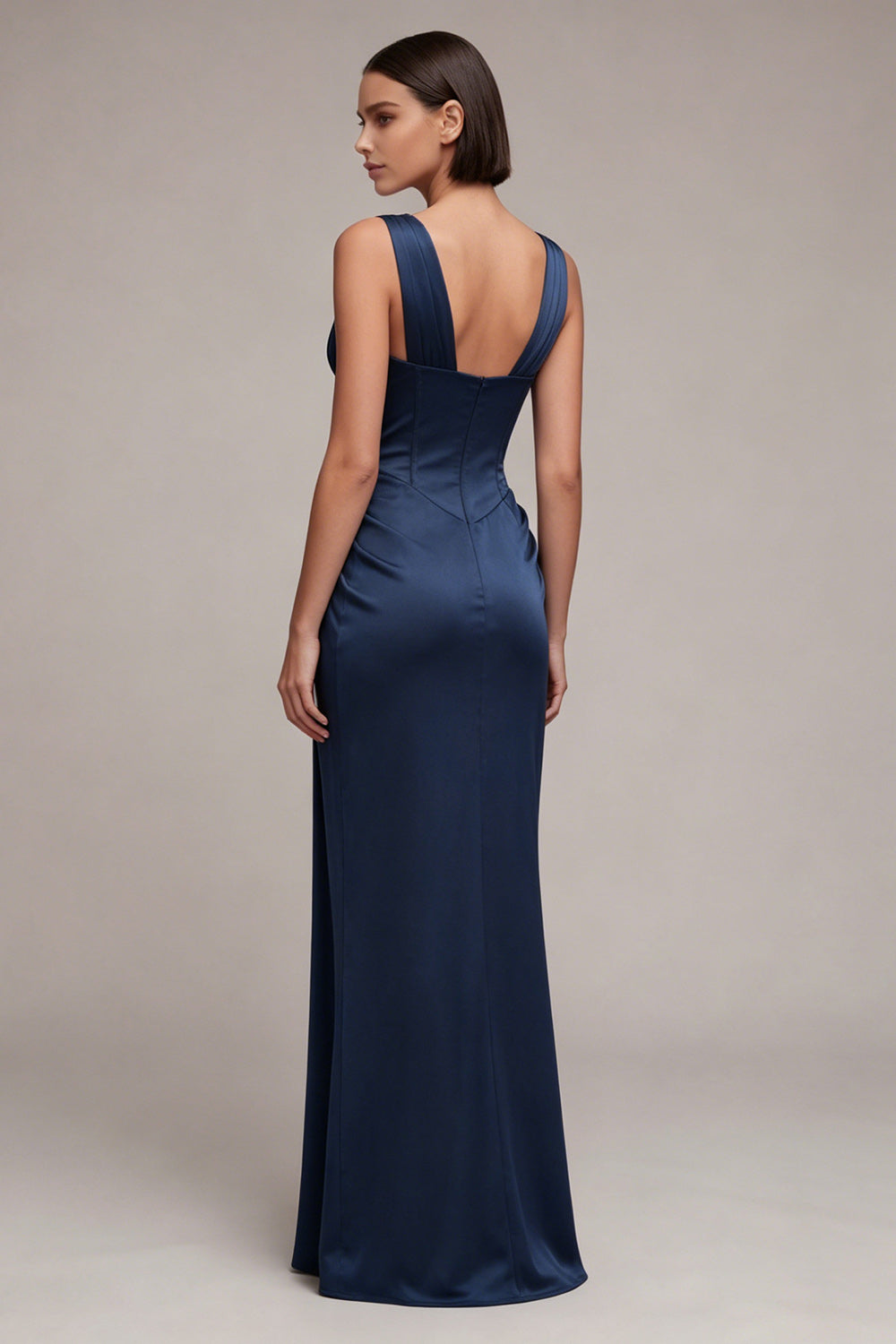 Navy Mermaid Corset V-Neck Ruched Long Evening Dress with Lace