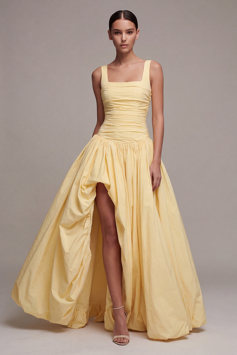 Daffodil Ball Gown Square Neck Ruched Long Evening Dress with Slit