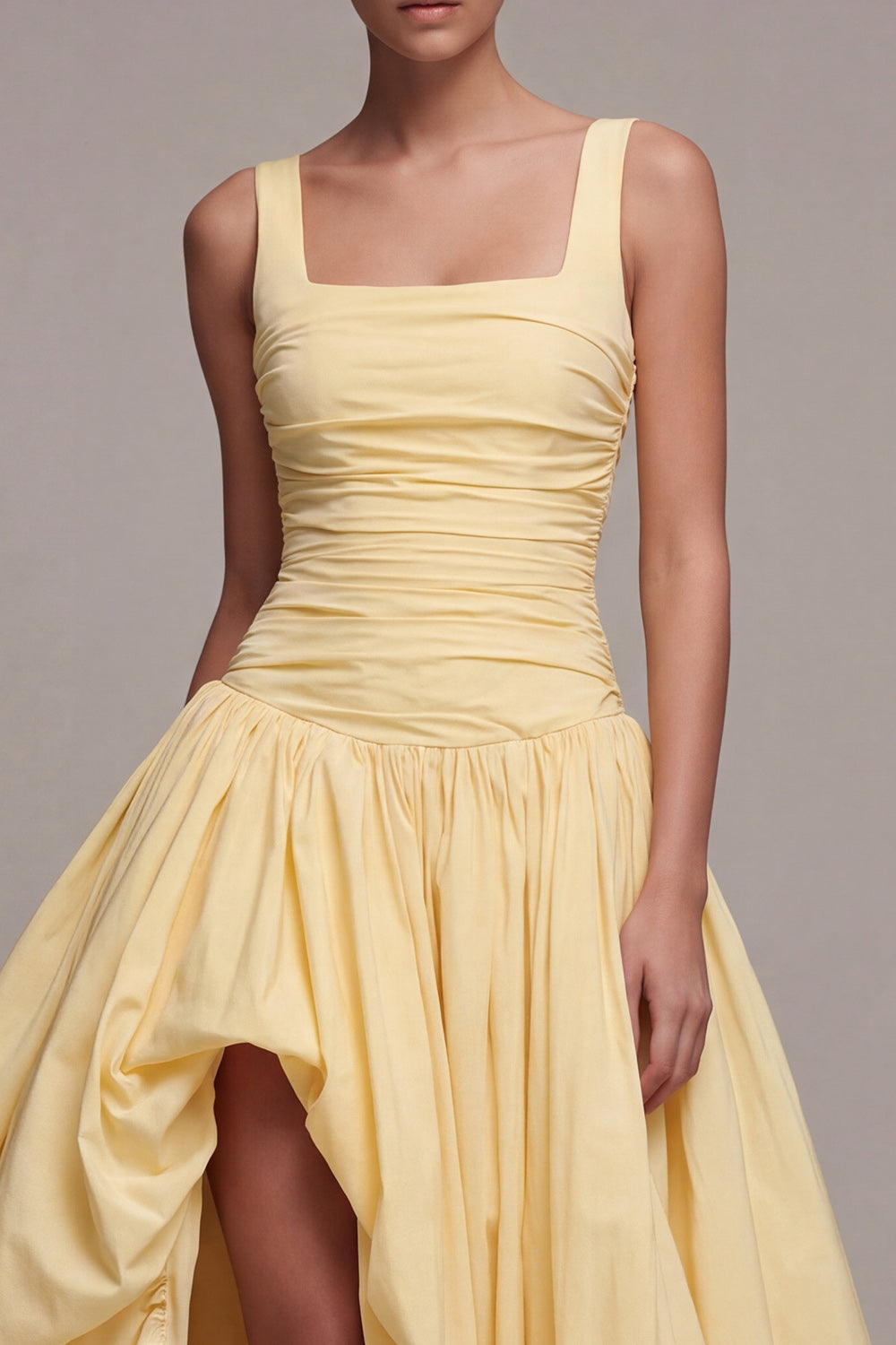 Daffodil Ball Gown Square Neck Ruched Long Evening Dress with Slit