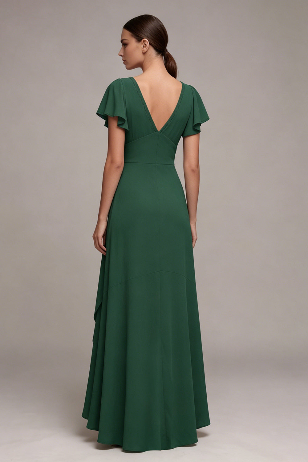 Dark Green A Line V-Neck Ruffled High Low Formal Dress with Sleeves