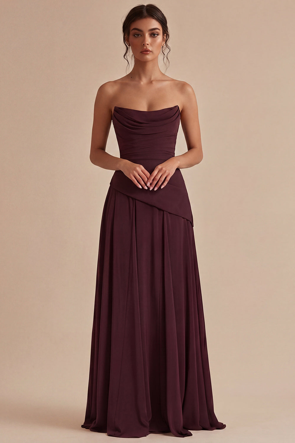Burgundy Ruched Strapless A Line Long Evening Dress