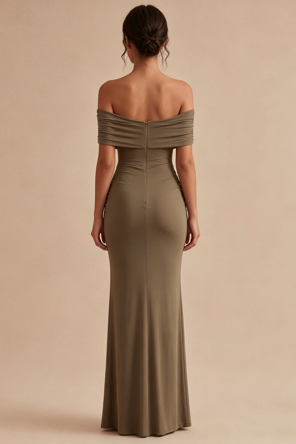 Khaki Mermaid Off the Shoulder Ruched Long Formal Dress