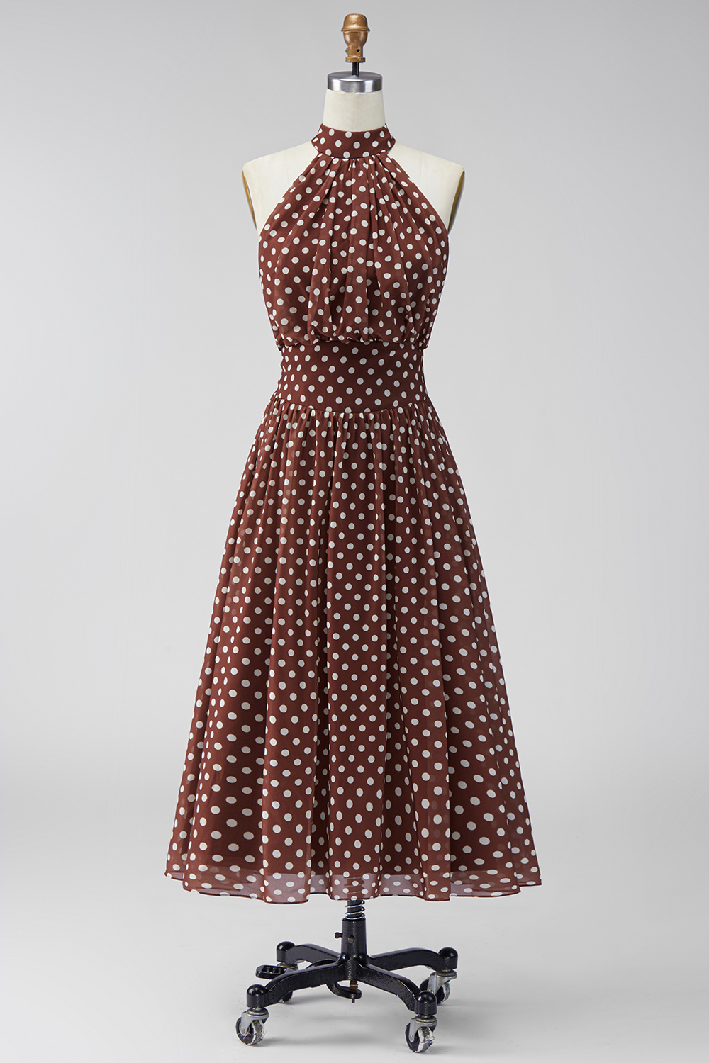 A Line Coffee and White High Neck Maxi Polka Dots Dress with Back Keyhole