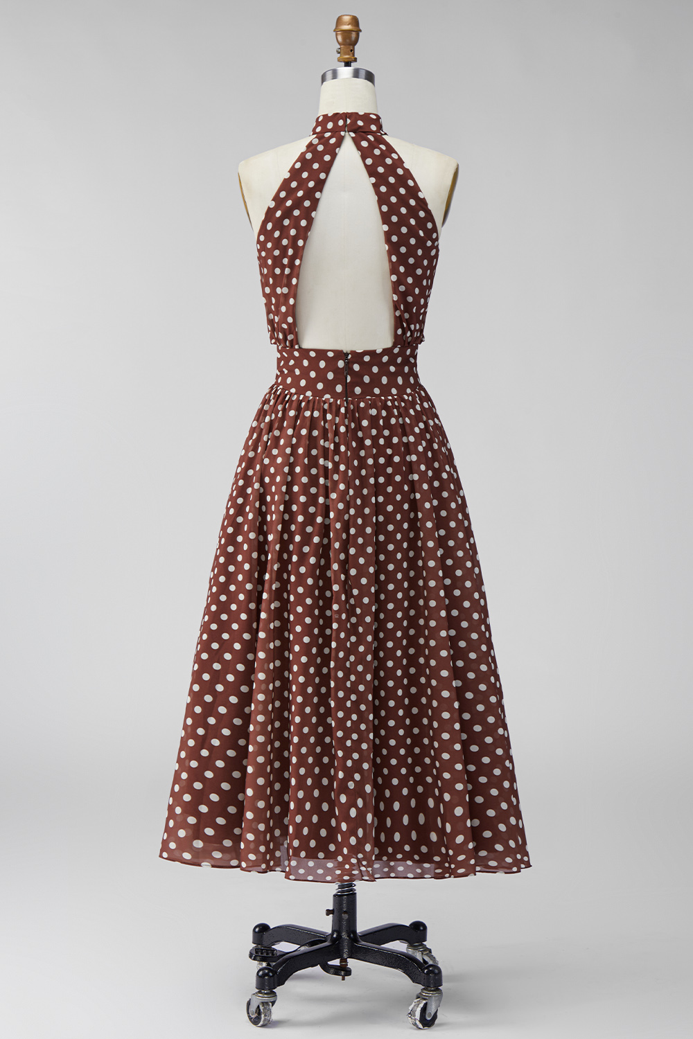 A Line Coffee and White High Neck Maxi Polka Dots Dress with Back Keyhole