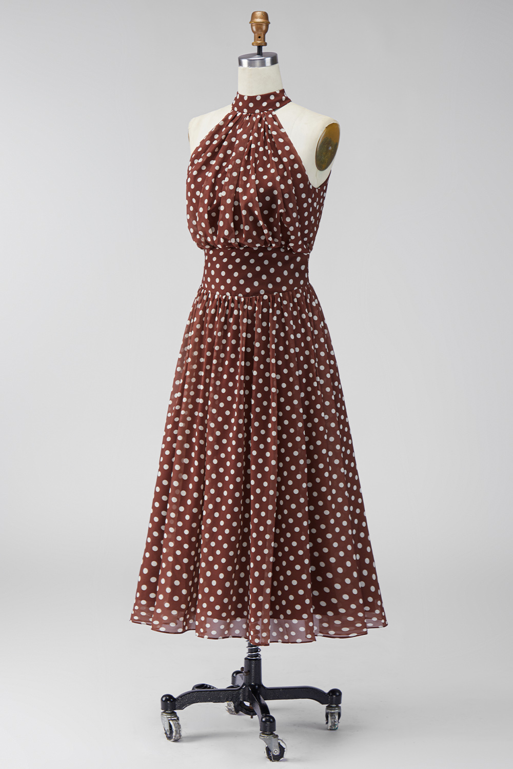 A Line Coffee and White High Neck Maxi Polka Dots Dress with Back Keyhole