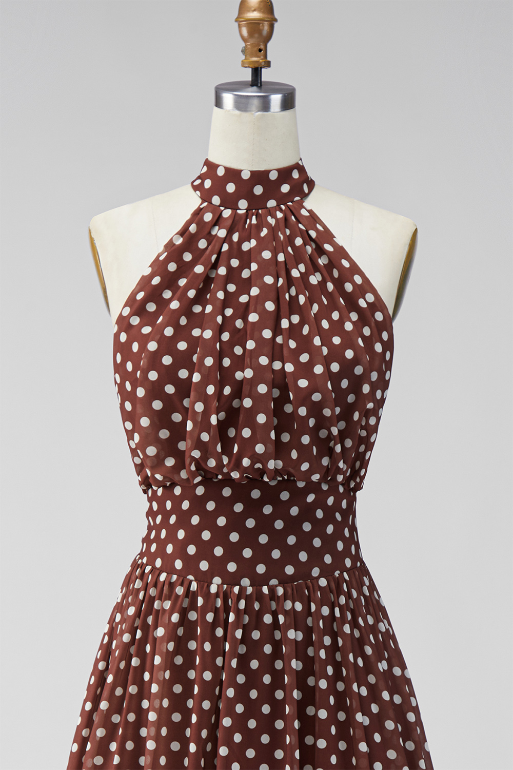 A Line Coffee and White High Neck Maxi Polka Dots Dress with Back Keyhole