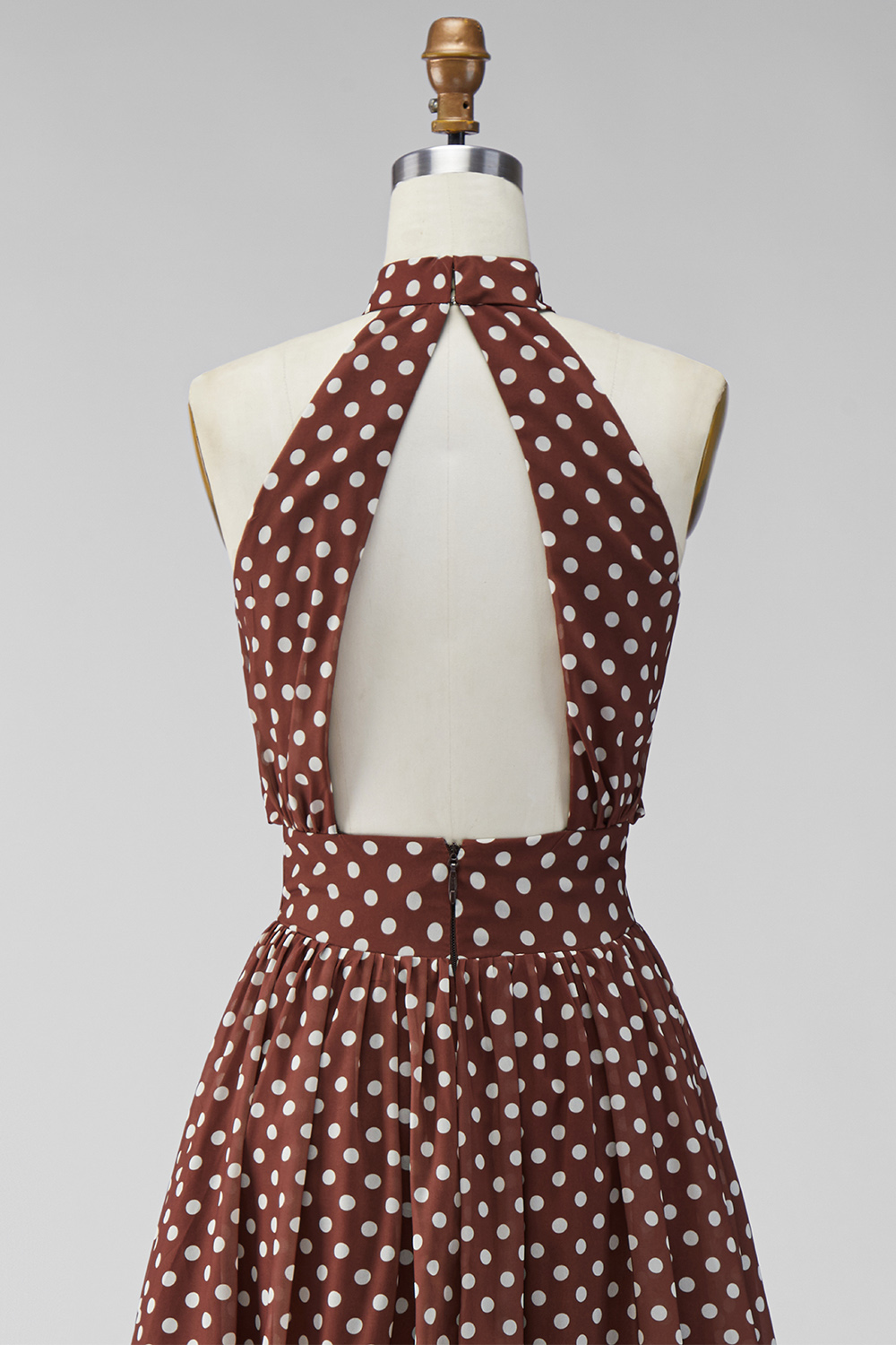 A Line Coffee and White High Neck Maxi Polka Dots Dress with Back Keyhole