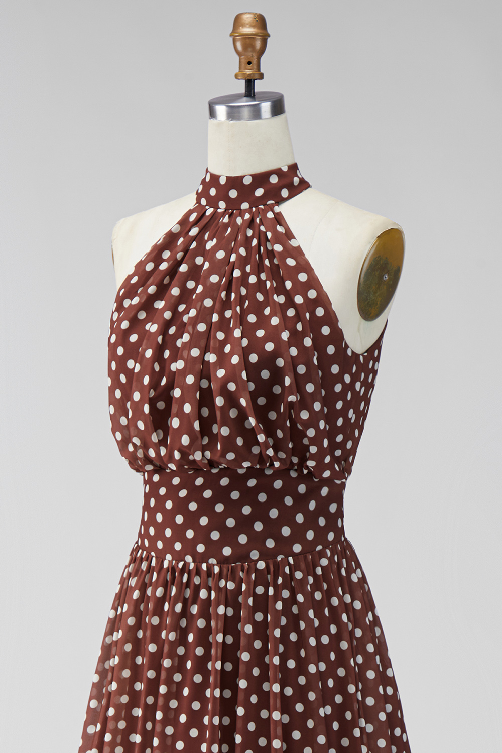 A Line Coffee and White High Neck Maxi Polka Dots Dress with Back Keyhole
