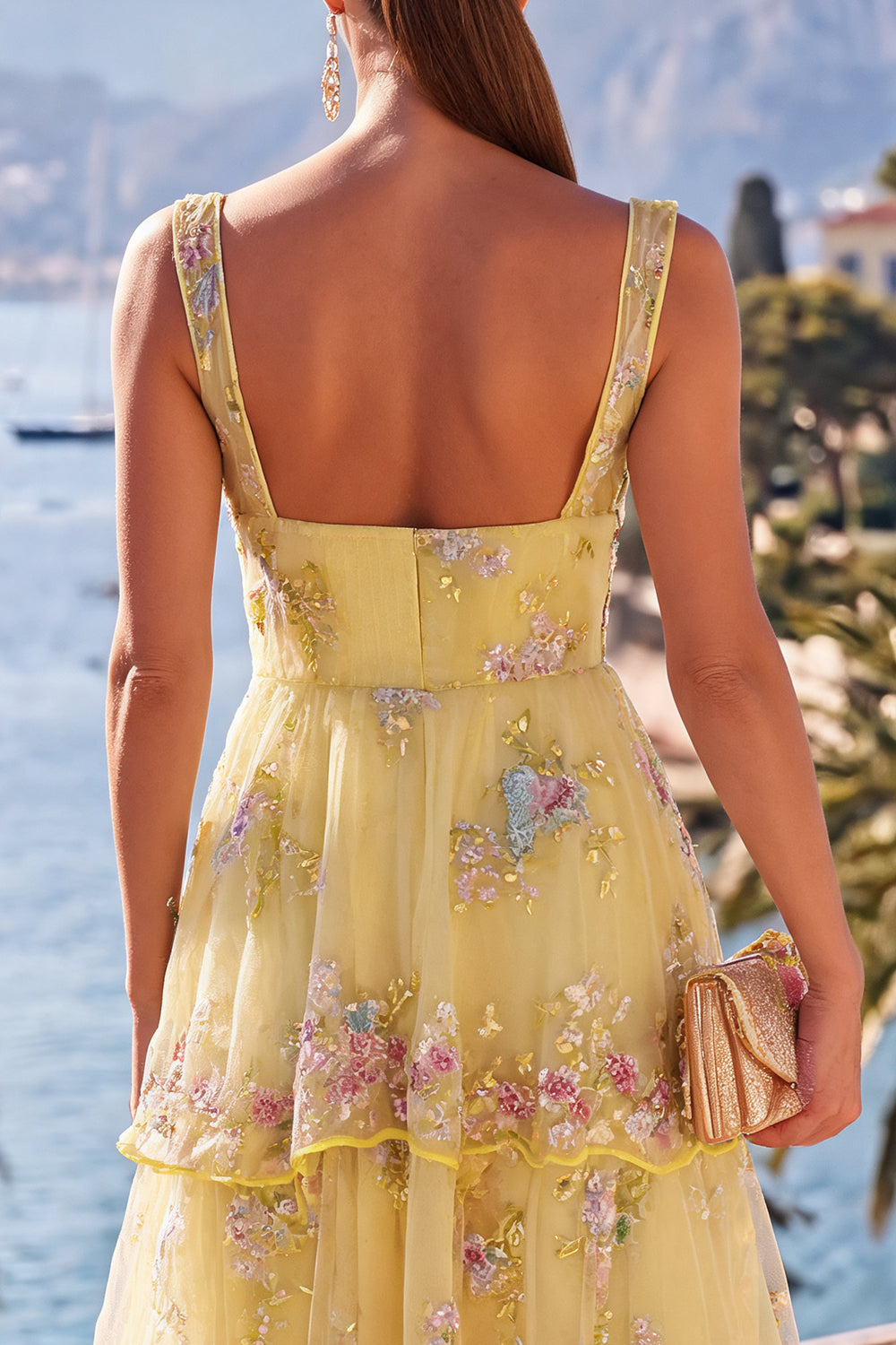 Sparkly Green Beaded Floral A Line Maxi Beach Wedding Guest Dress