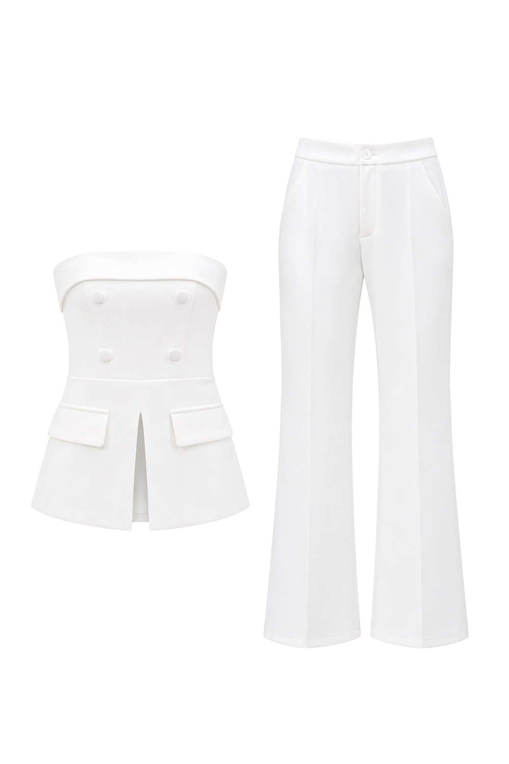 2 Piece White Strapless Double Breasted Business Suits with Pockets
