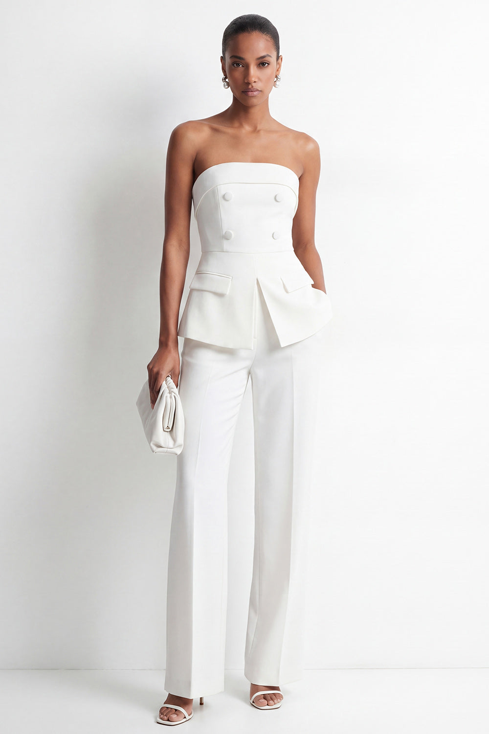 2 Piece White Strapless Double Breasted Business Suits with Pockets