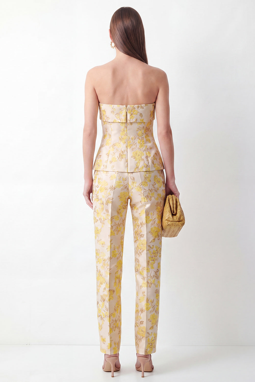 2 Piece Floral Yellow Strapless Slim Fit Business Suits
