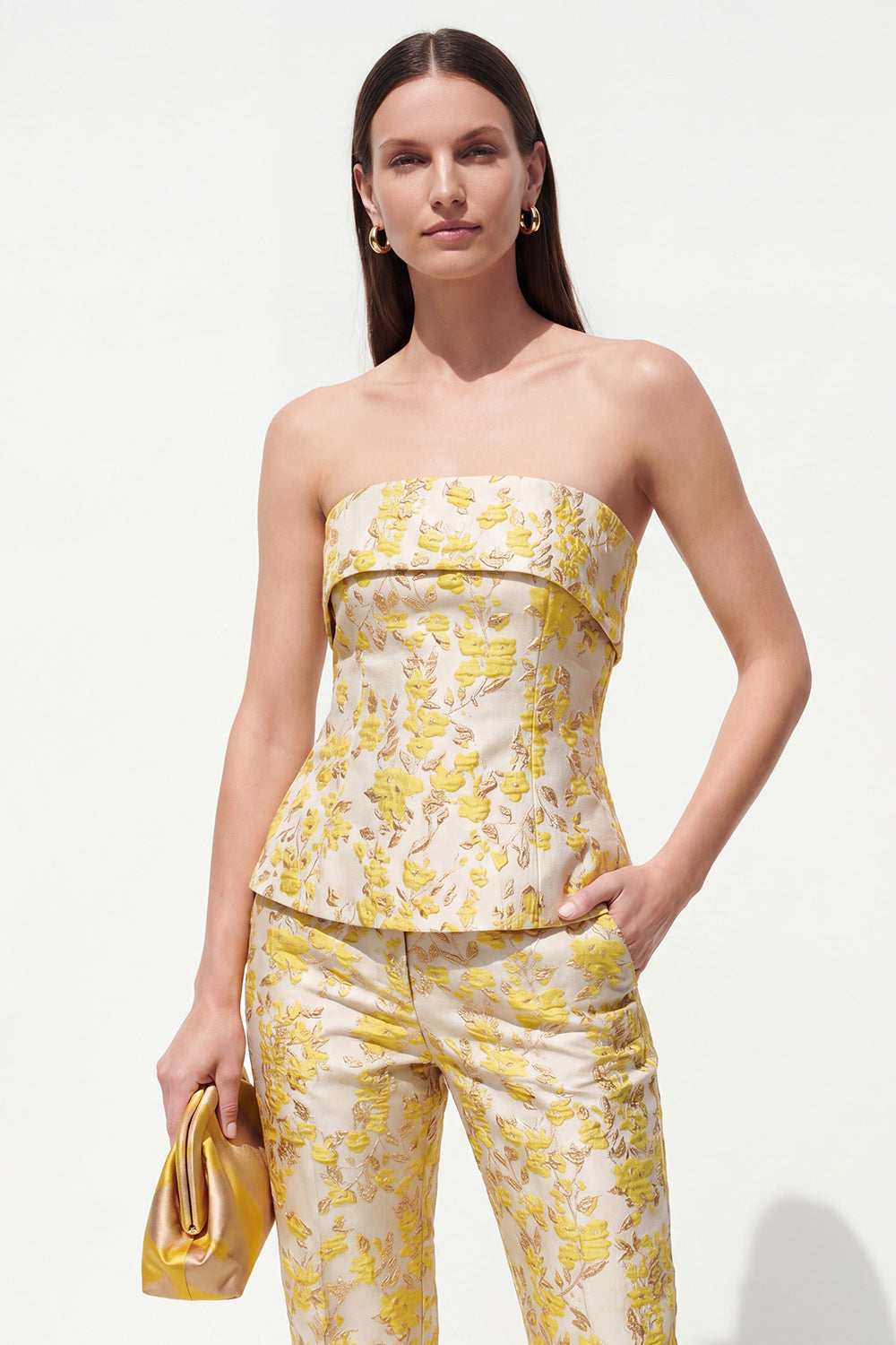 2 Piece Floral Yellow Strapless Slim Fit Business Suits