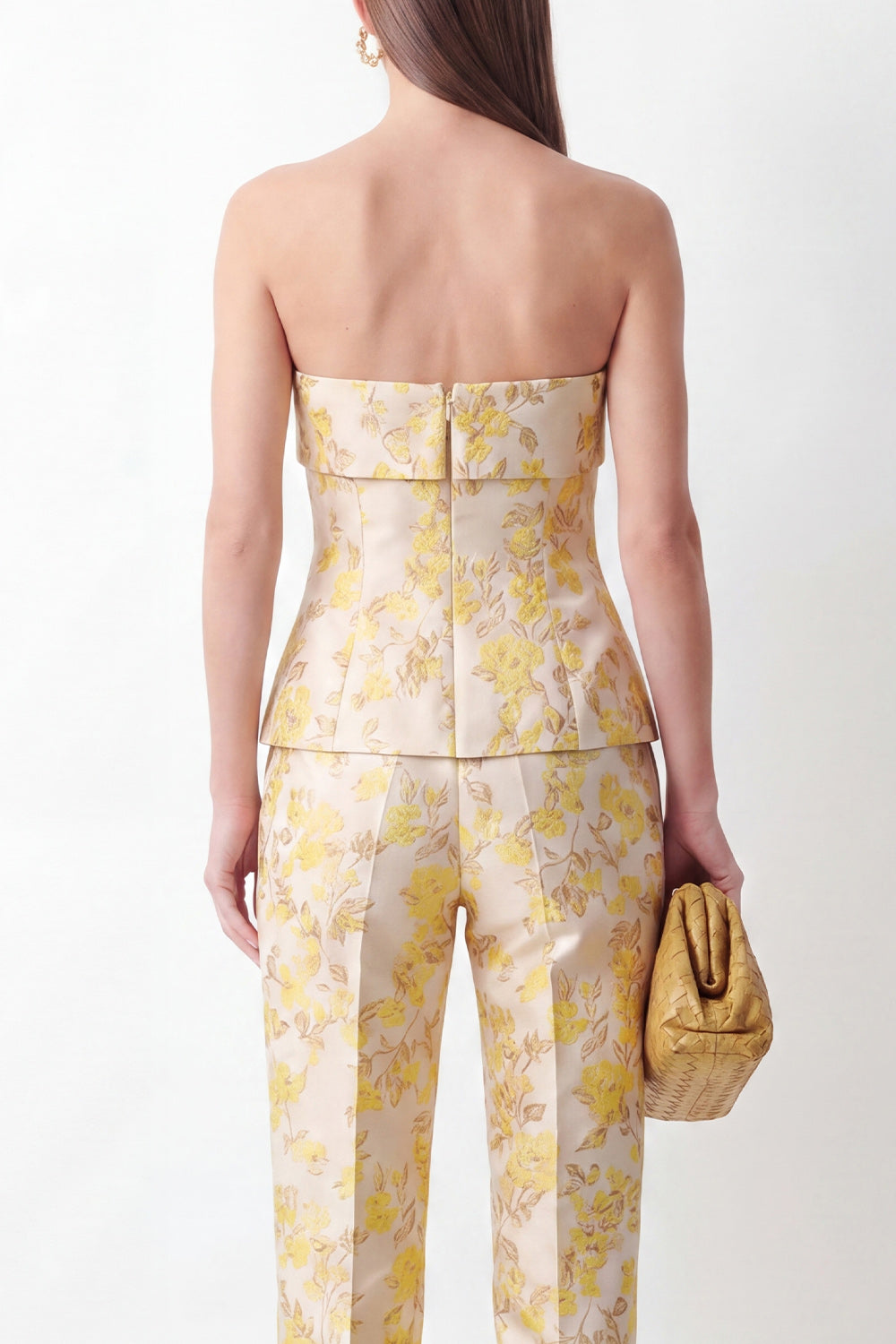 2 Piece Floral Yellow Strapless Slim Fit Business Suits