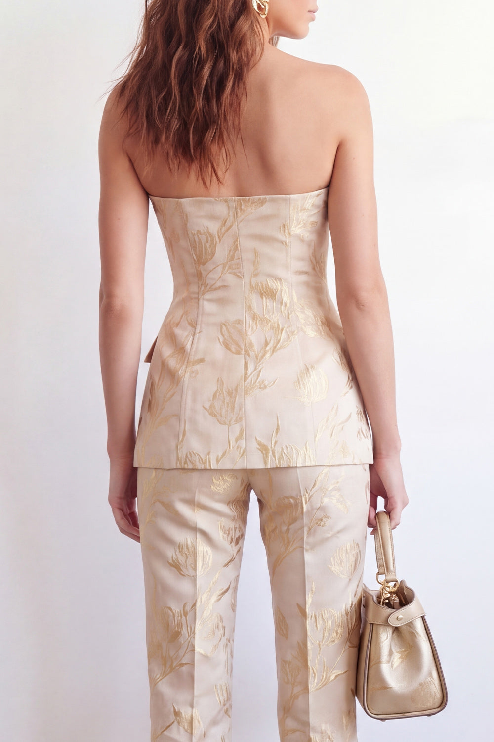 2 Piece Floral Golden Sweetheart Single Breasted Business Suits with Pockets