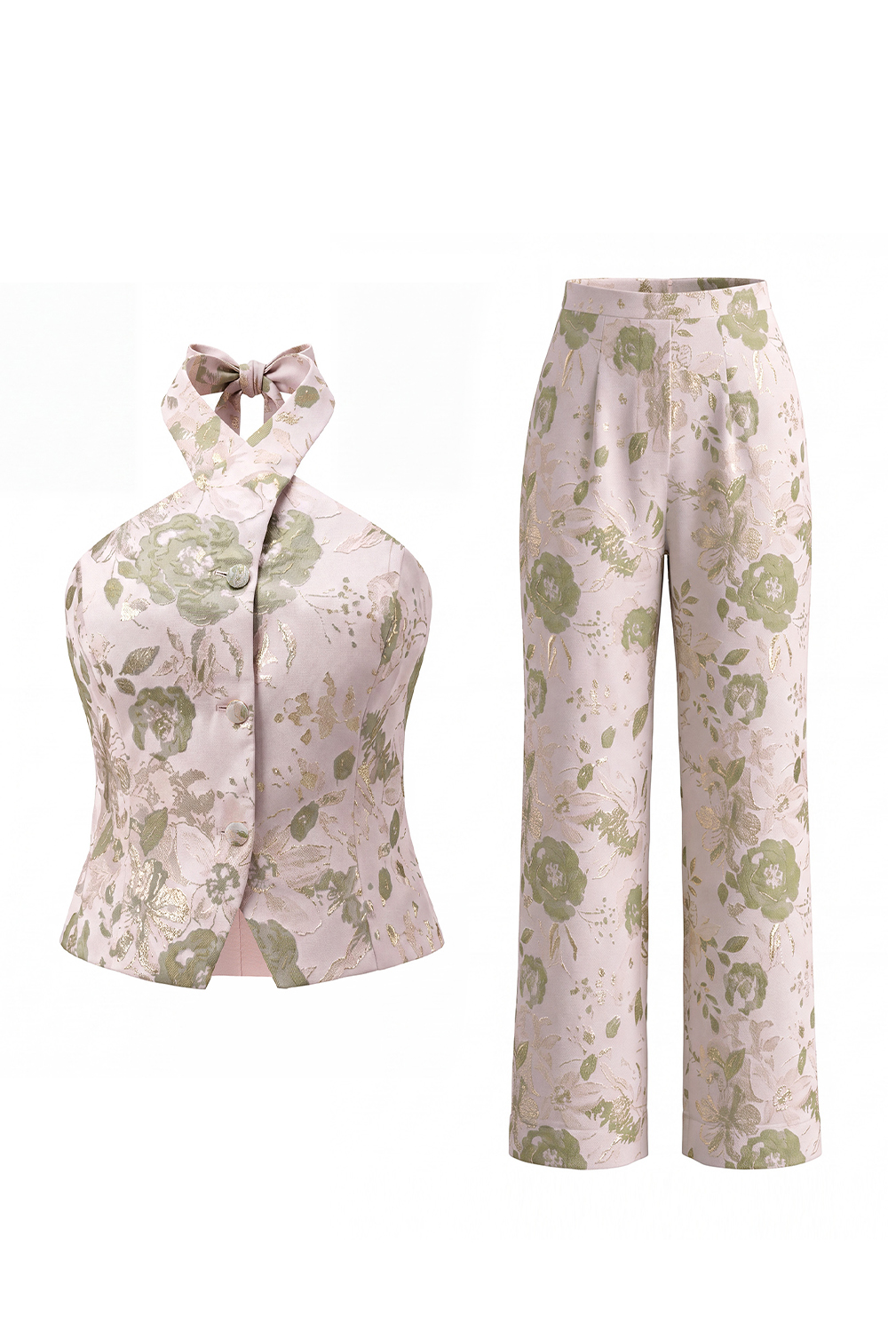 2 Piece Green Flower Single Breasted Halter Business Suits with Pockets