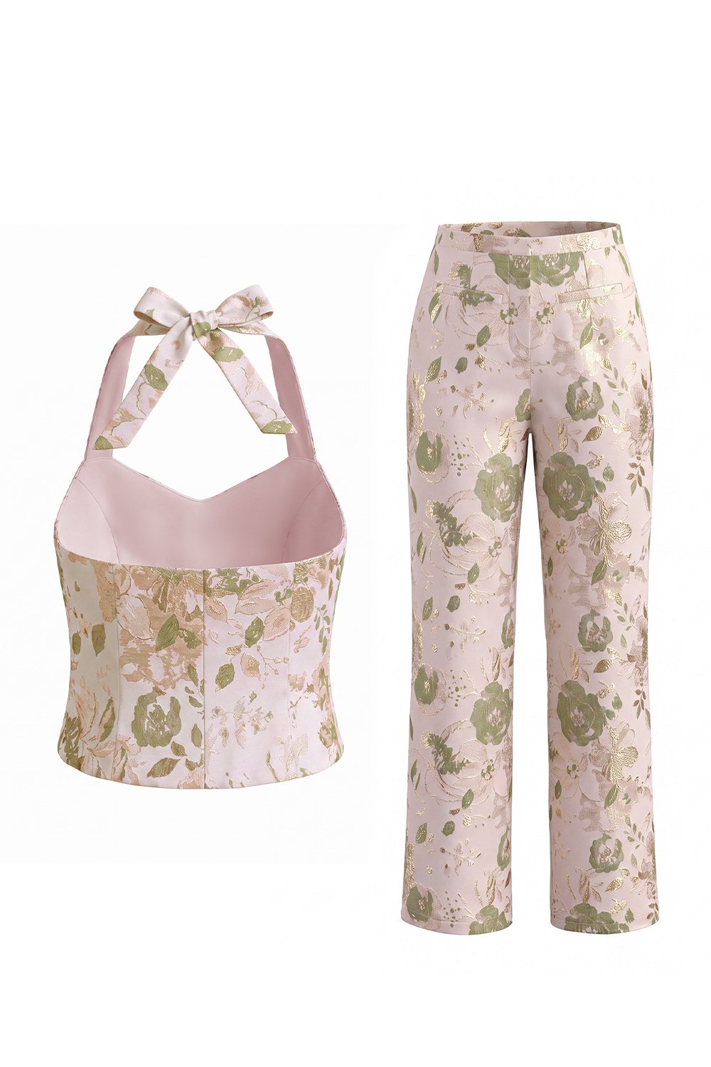 2 Piece Green Flower Single Breasted Halter Business Suits with Pockets