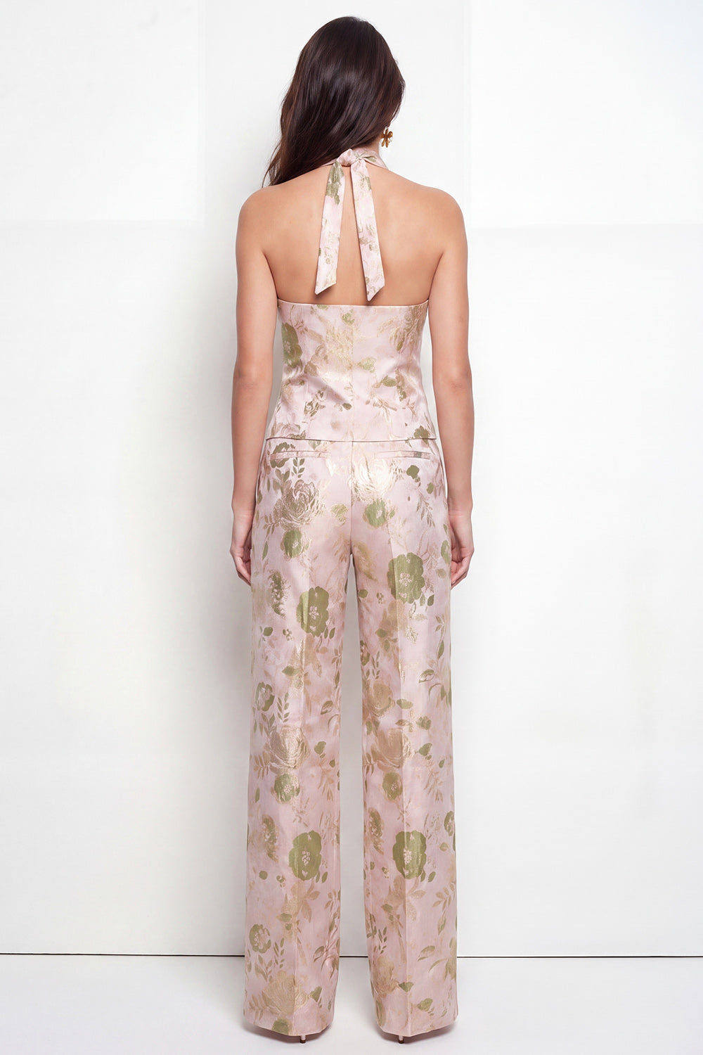 2 Piece Green Flower Single Breasted Halter Business Suits with Pockets