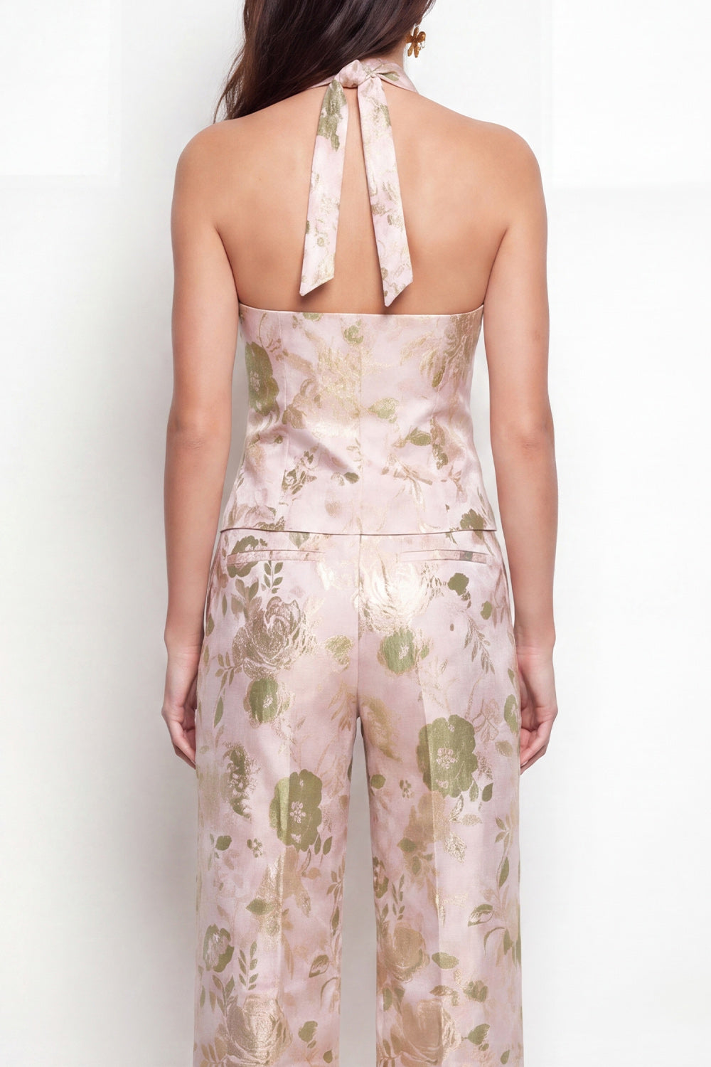 2 Piece Green Flower Single Breasted Halter Business Suits with Pockets