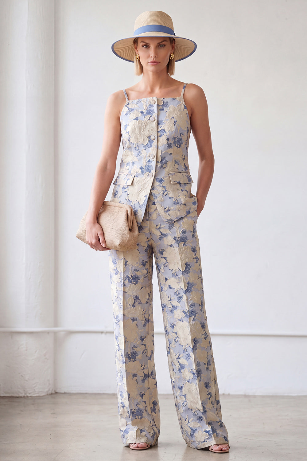 Floral 2 Piece Blue Single Breasted Spaghetti Straps Business Suits with Pockets