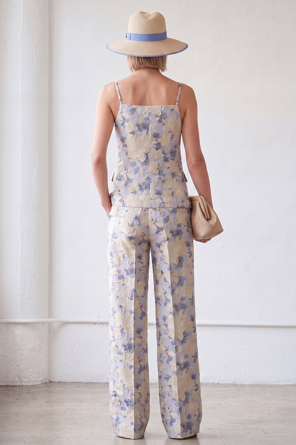 Floral 2 Piece Blue Single Breasted Spaghetti Straps Business Suits with Pockets