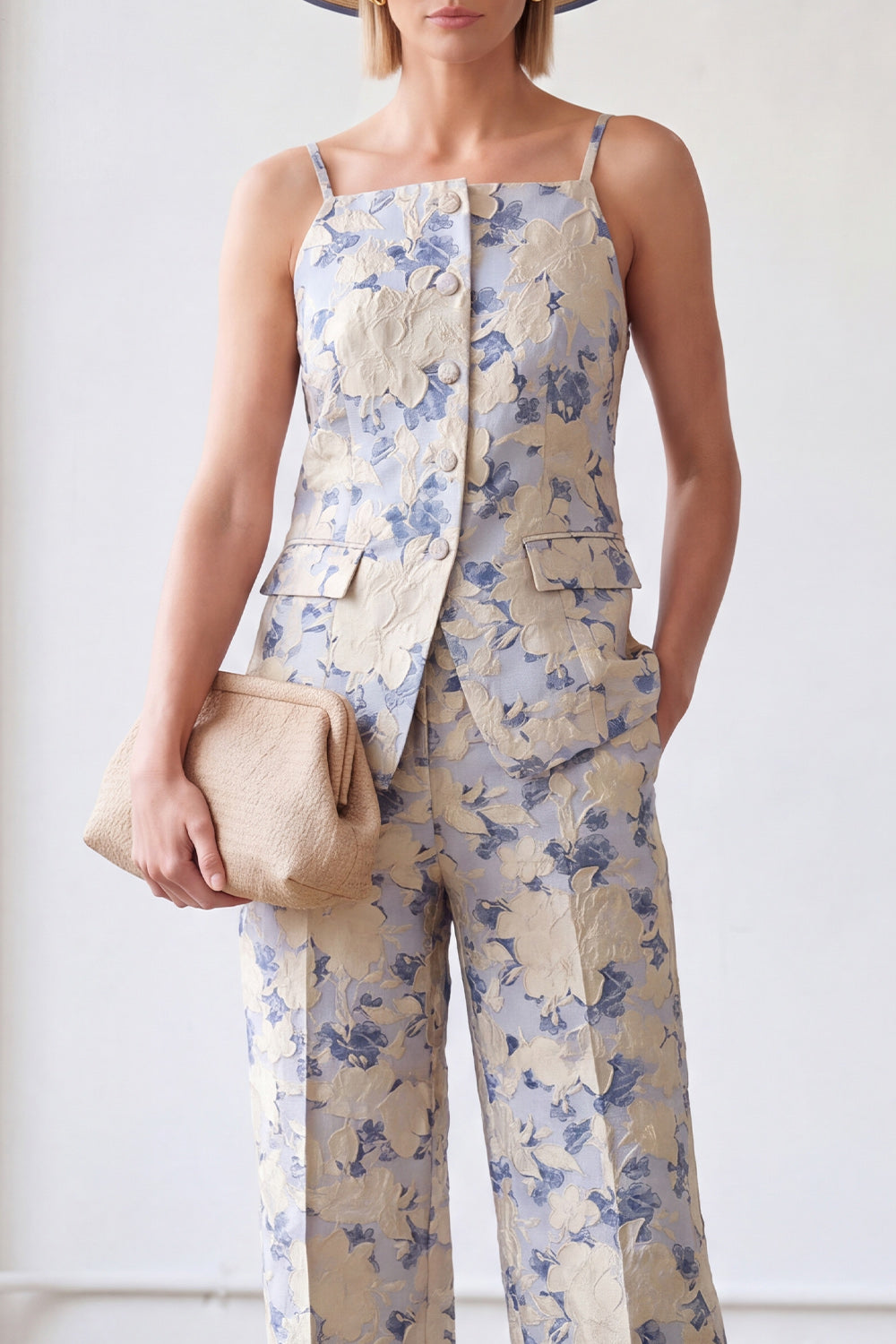 Floral 2 Piece Blue Single Breasted Spaghetti Straps Business Suits with Pockets