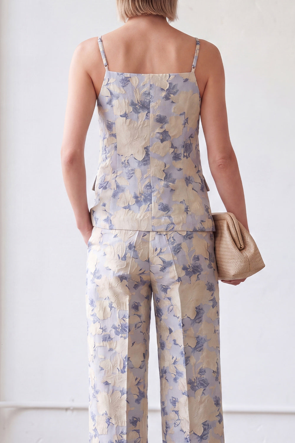 Floral 2 Piece Blue Single Breasted Spaghetti Straps Business Suits with Pockets