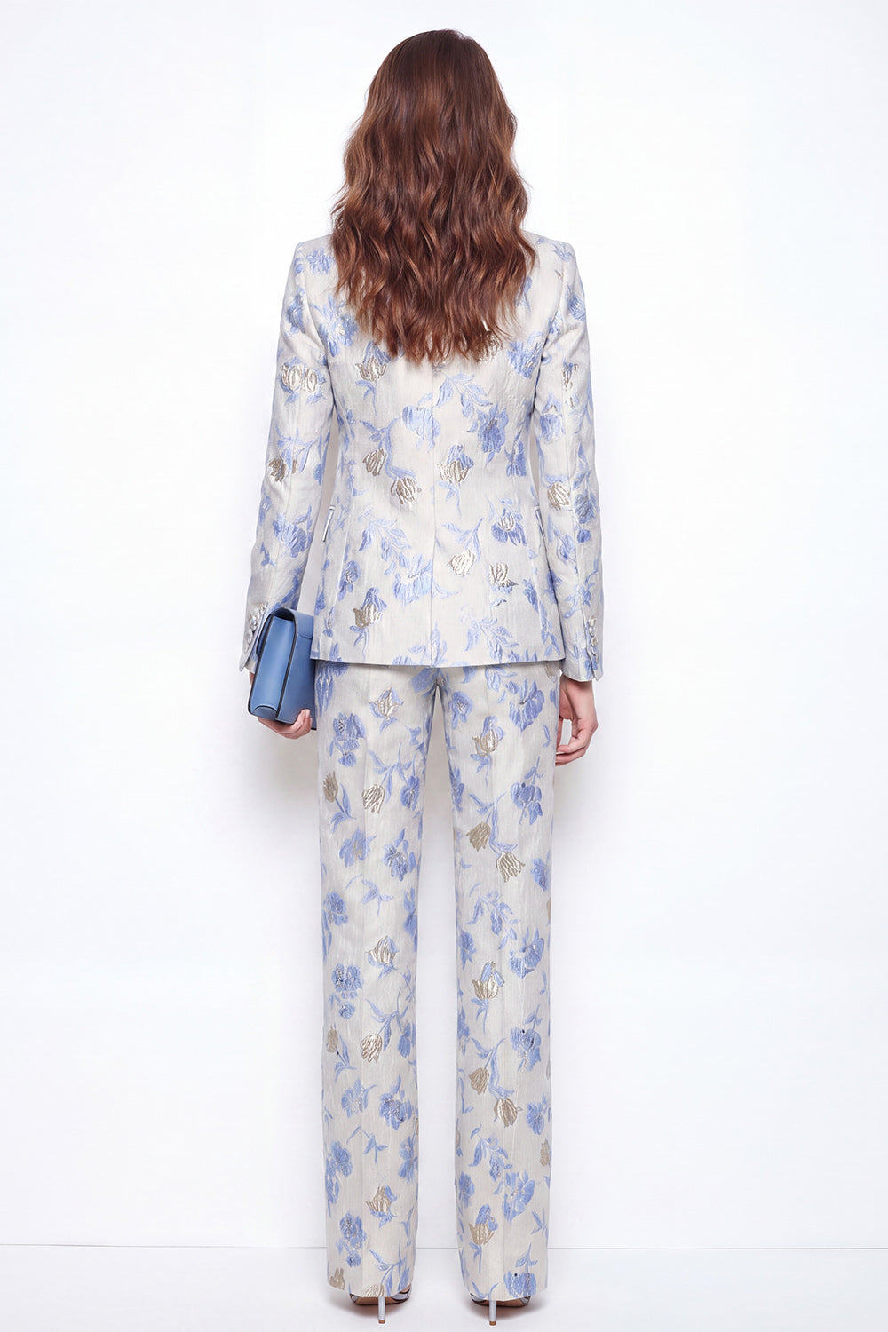 2 Piece Blue Floral Peak Lapel One Button Business Suits with Pockets