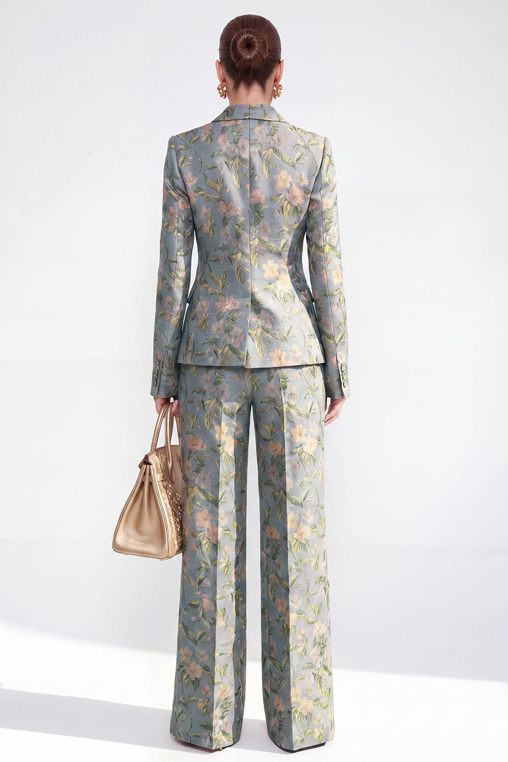 2 Piece Floral Grey Blue Peak Lapel Single Breasted Business Suits
