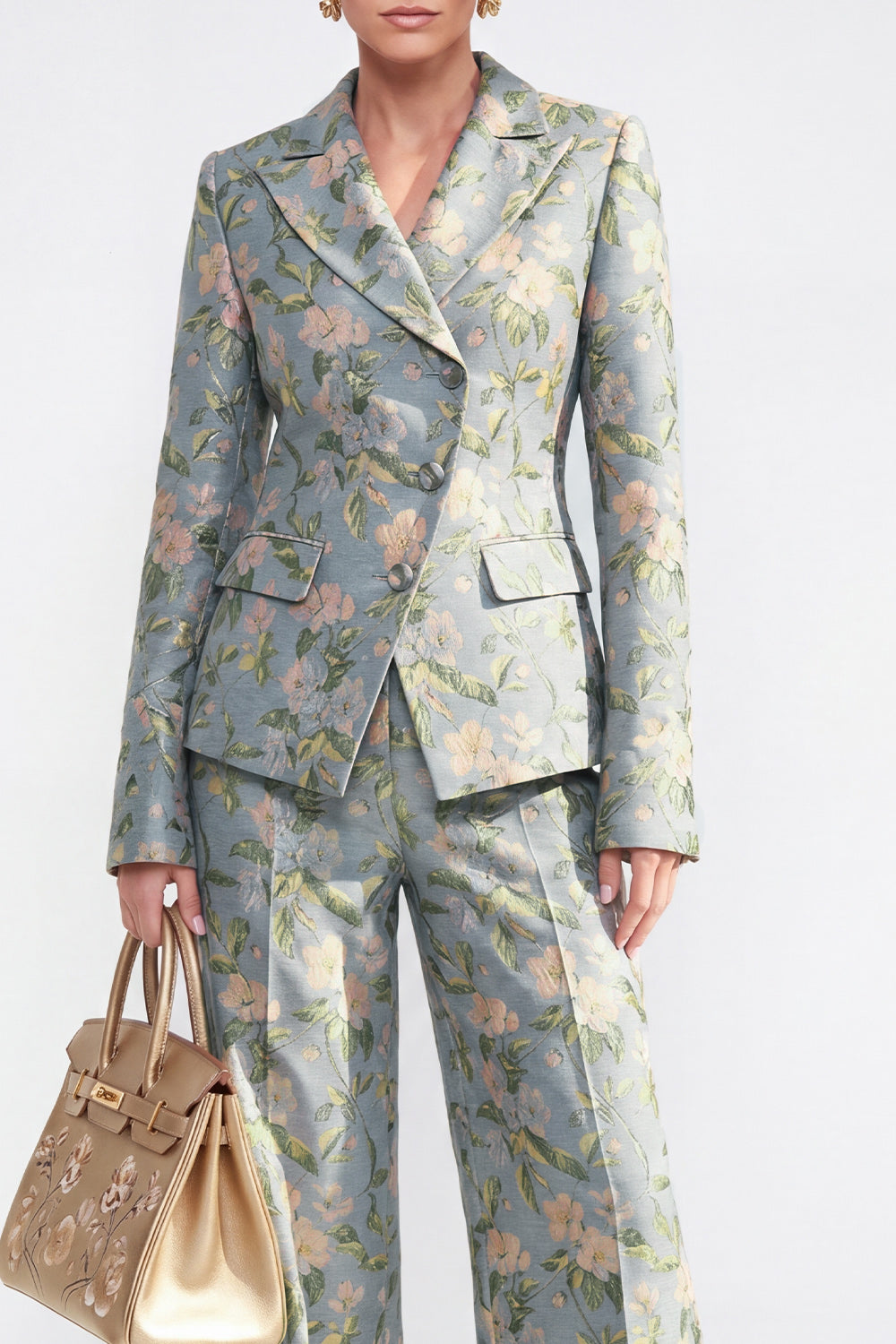 2 Piece Floral Grey Blue Peak Lapel Single Breasted Business Suits