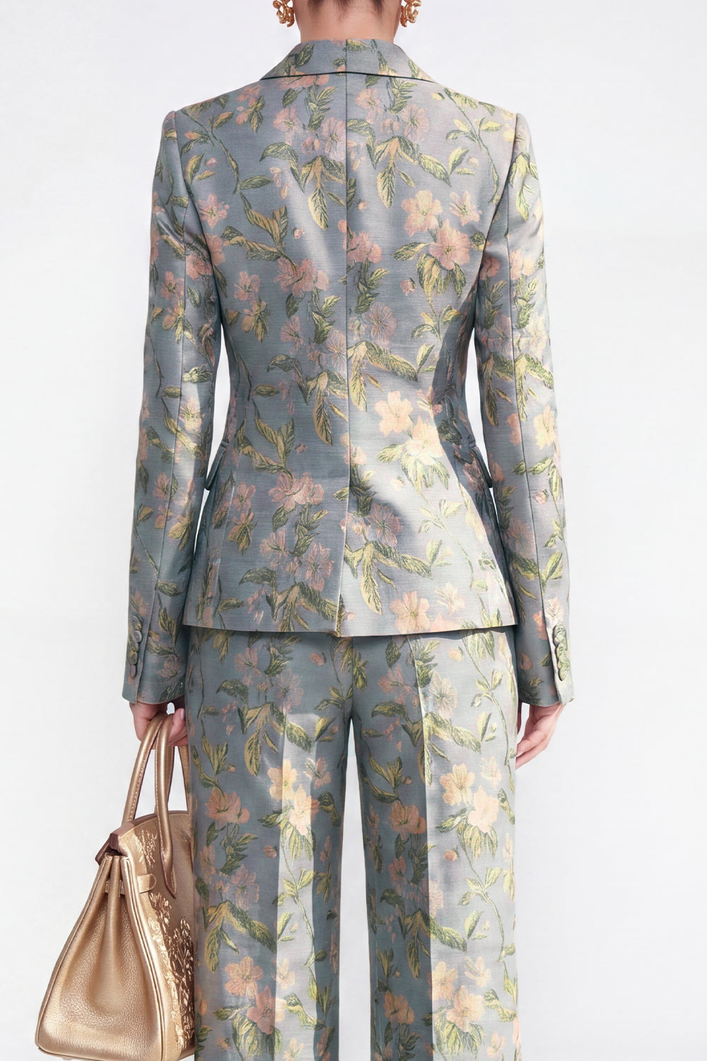 2 Piece Floral Grey Blue Peak Lapel Single Breasted Business Suits