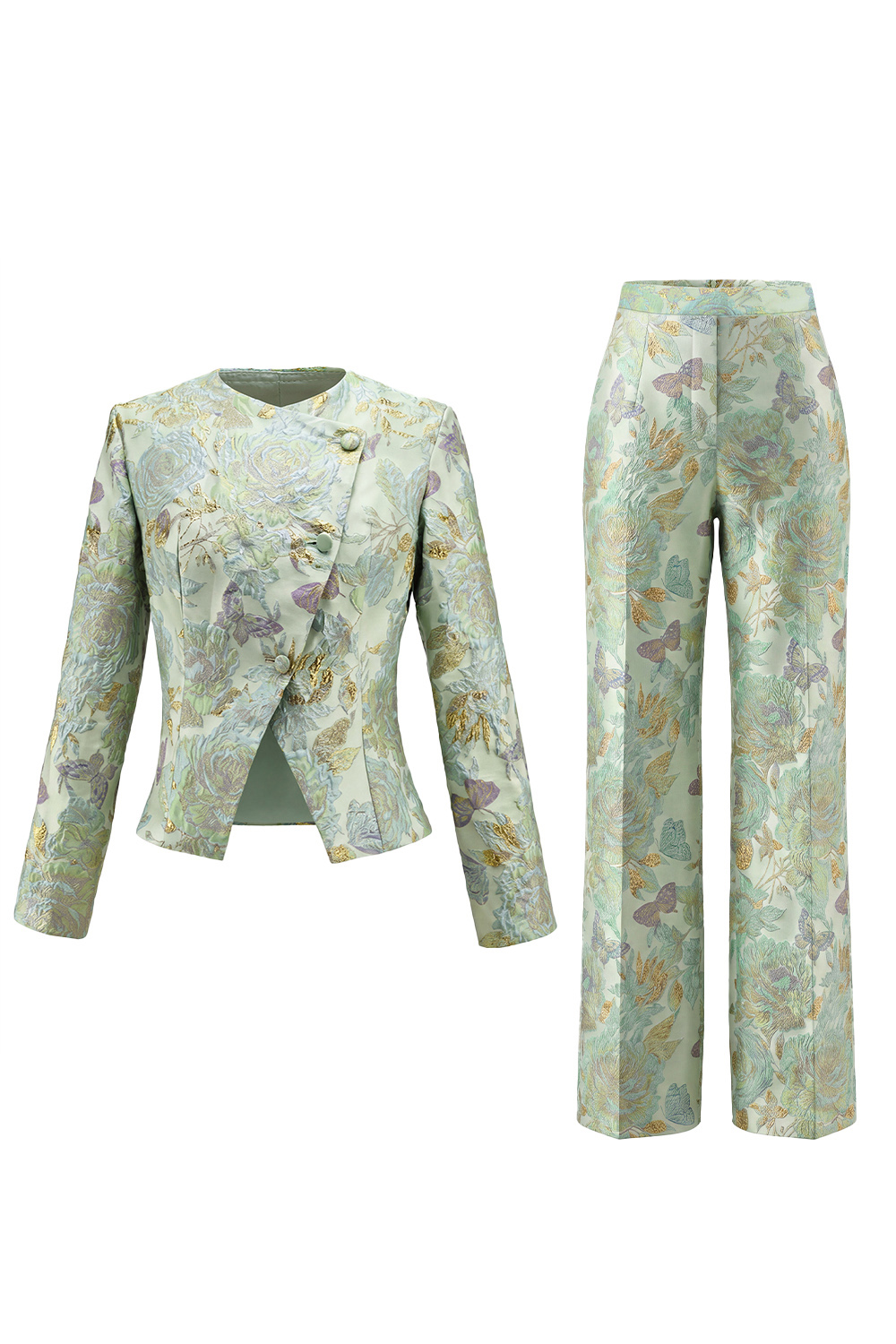 2 Piece Floral Green Single Breasted Round Neck Business Suits with Pockets