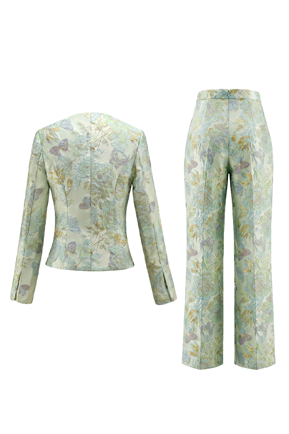 2 Piece Floral Green Single Breasted Round Neck Business Suits with Pockets