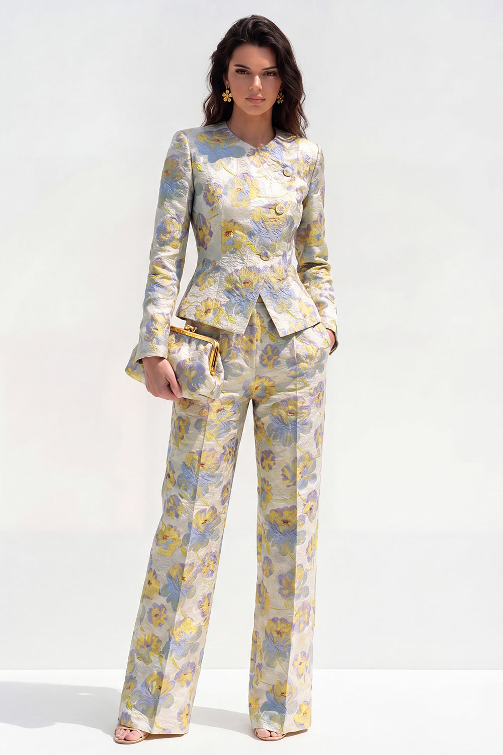 2 Piece Floral Yellow Single Breasted Round Neck Business Suits with Pockets