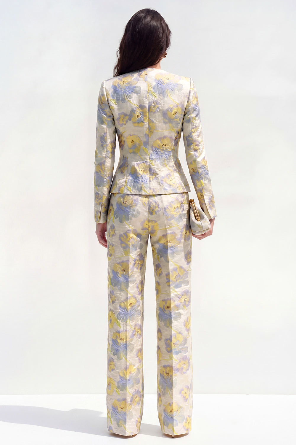 2 Piece Floral Yellow Single Breasted Round Neck Business Suits with Pockets