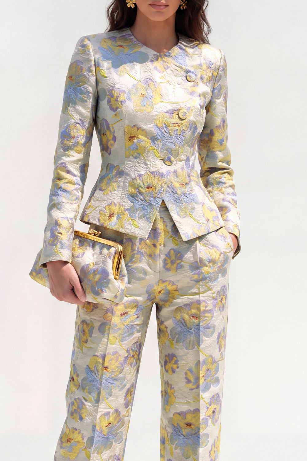 2 Piece Floral Yellow Single Breasted Round Neck Business Suits with Pockets