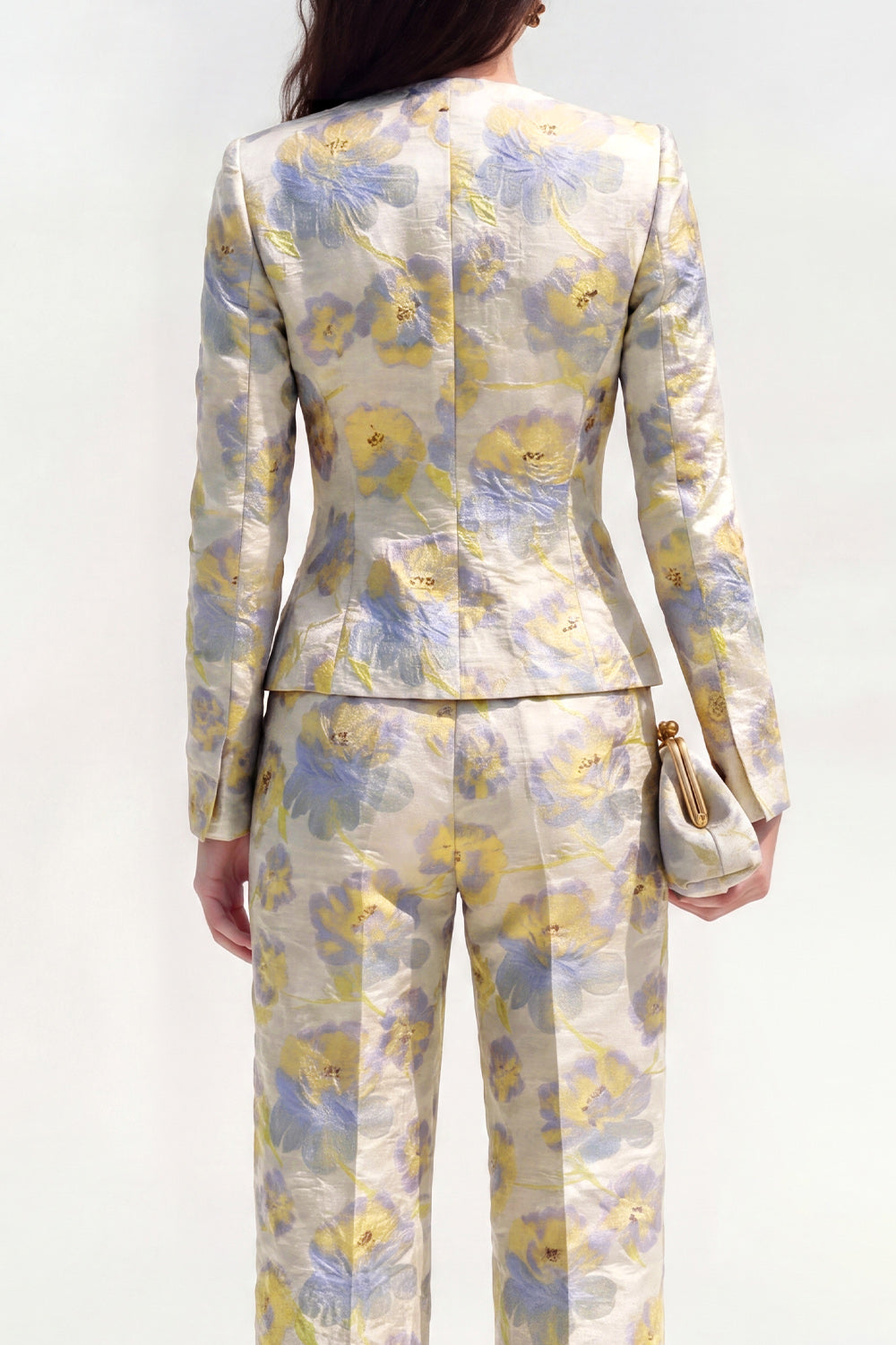 2 Piece Floral Yellow Single Breasted Round Neck Business Suits with Pockets