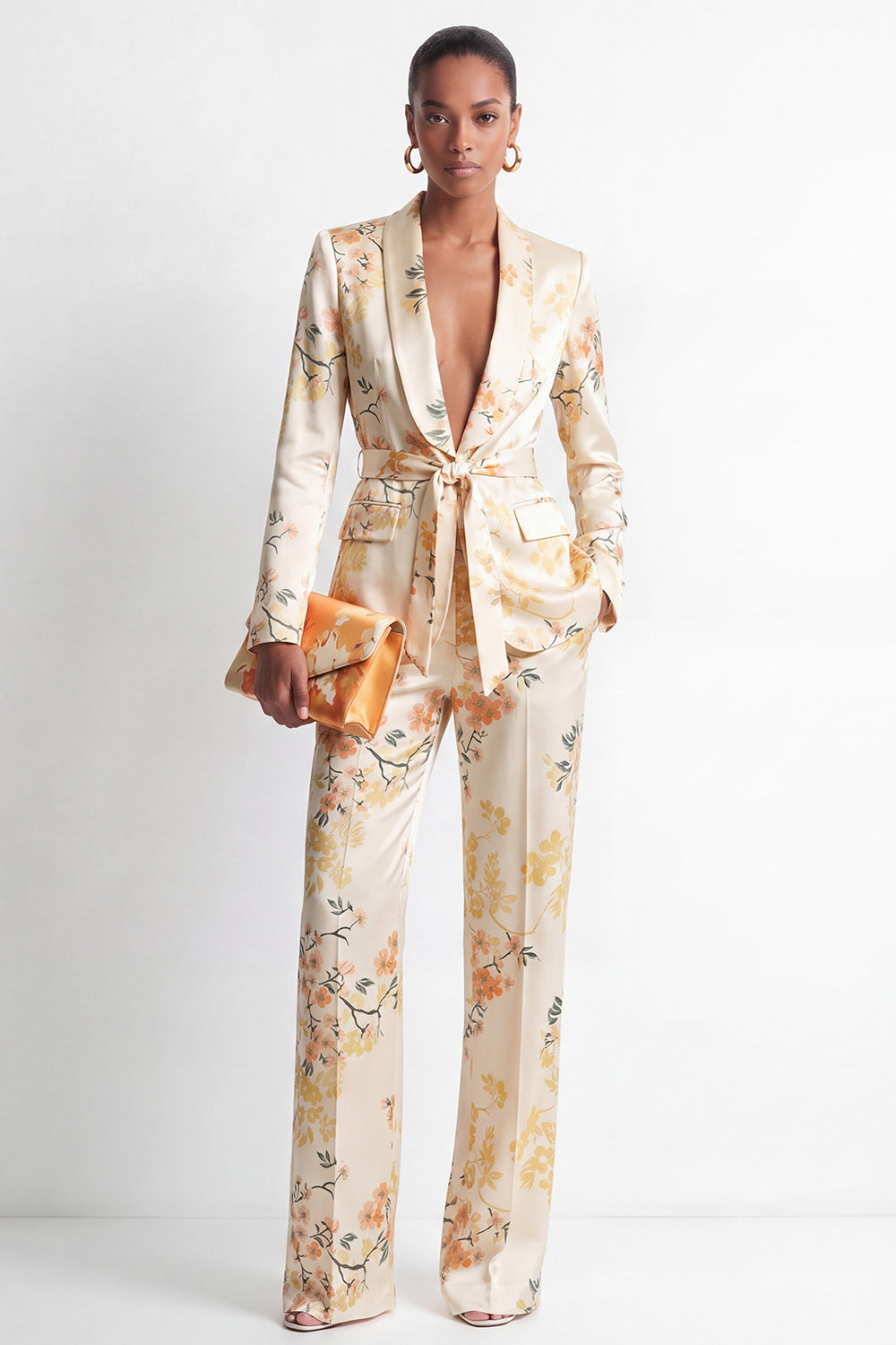 Champagne 2 Piece Floral Shawl Lapel Business Suits with Sash