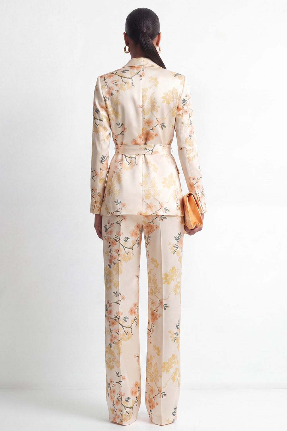 Champagne 2 Piece Floral Shawl Lapel Business Suits with Sash