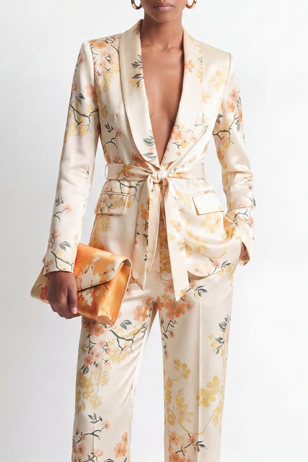 Champagne 2 Piece Floral Shawl Lapel Business Suits with Sash