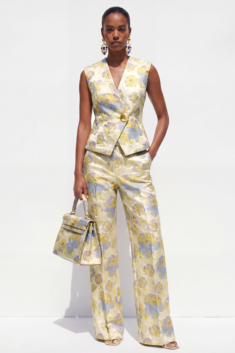 Yellow 2 Piece V-Neck Floral Single Breasted Business Suits with Pockets