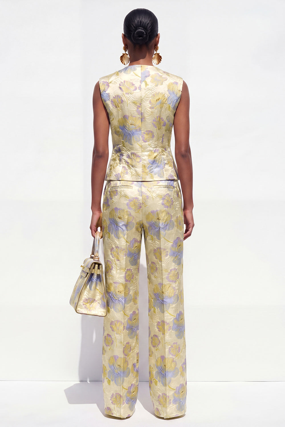 Yellow 2 Piece V-Neck Floral Single Breasted Business Suits with Pockets