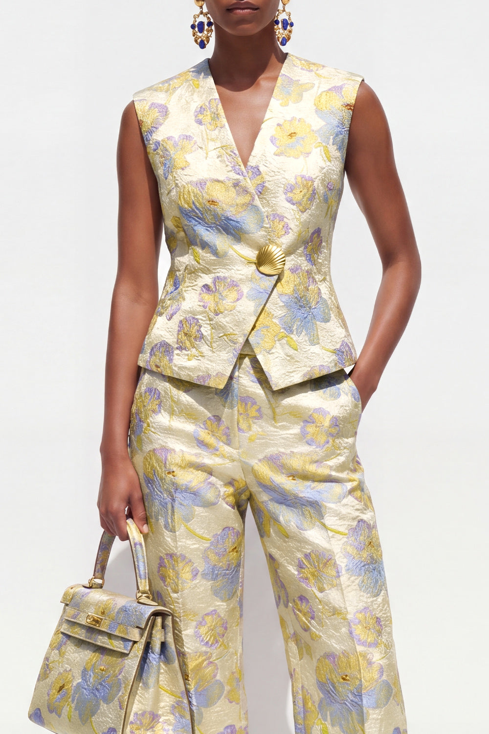 Yellow 2 Piece V-Neck Floral Single Breasted Business Suits with Pockets
