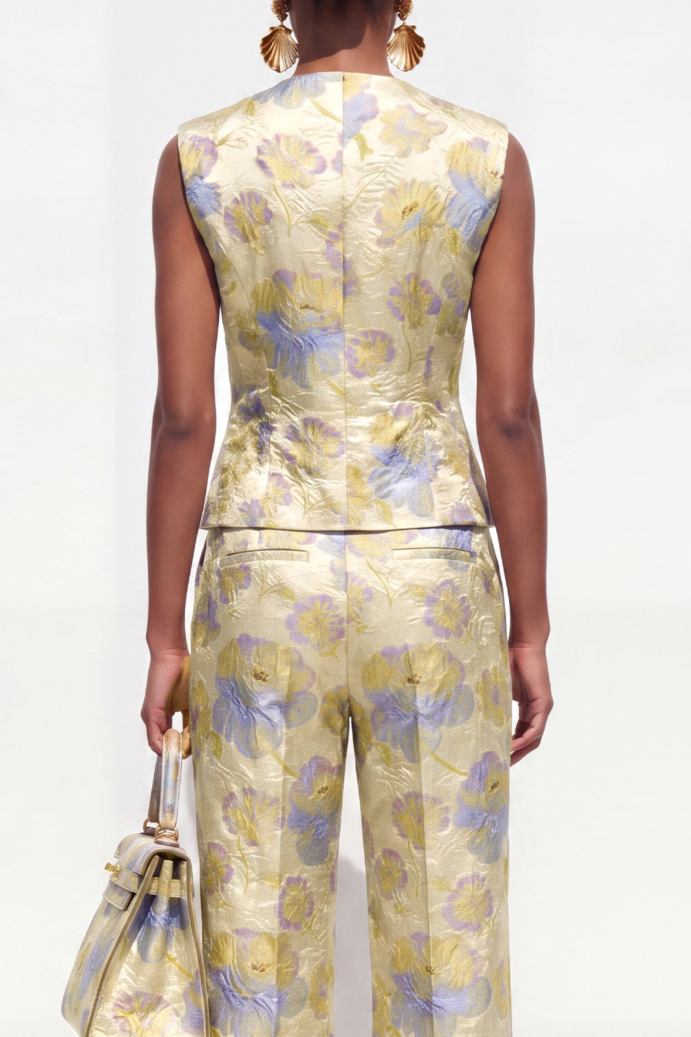 Yellow 2 Piece V-Neck Floral Single Breasted Business Suits with Pockets