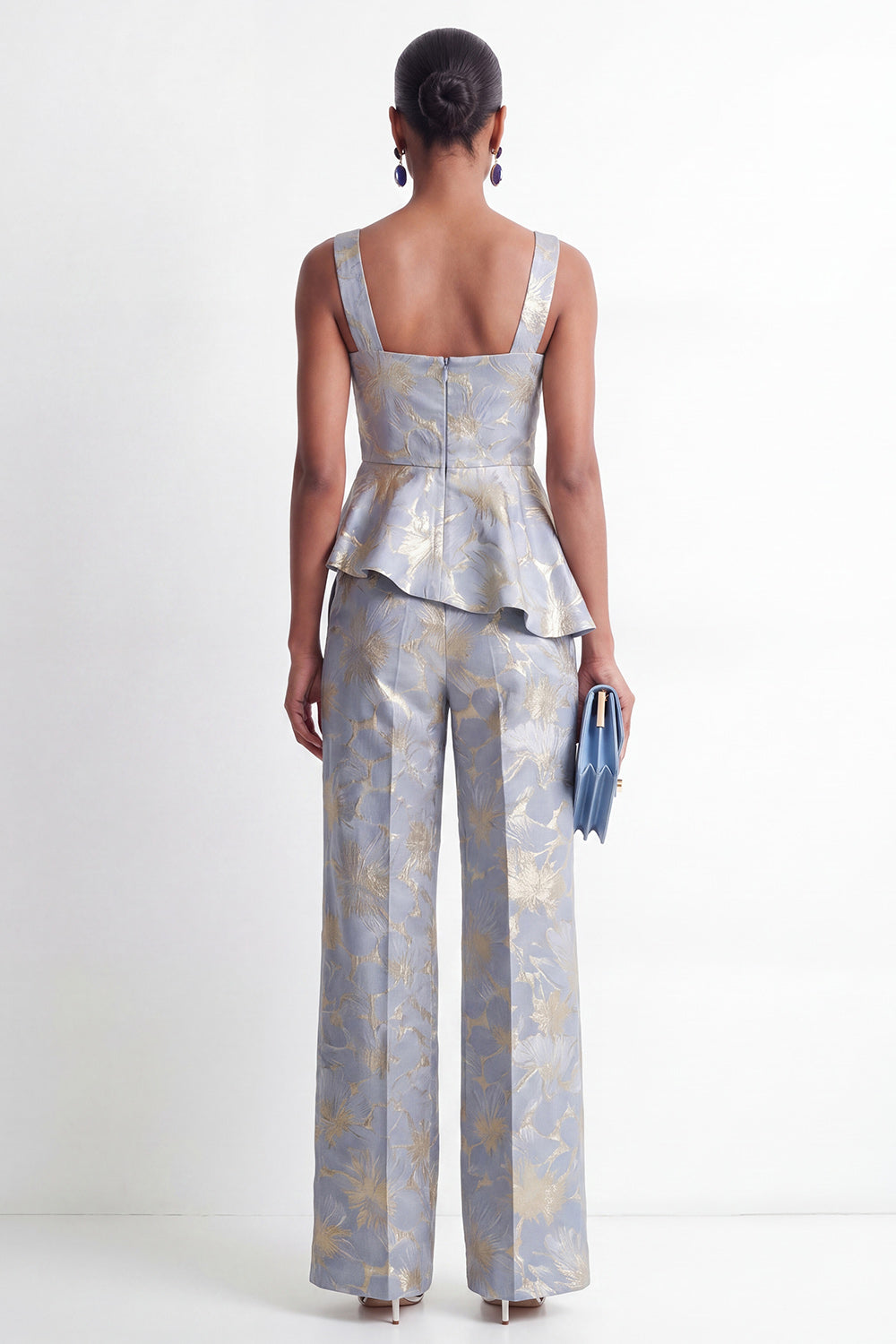 Grey Blue Floral 2 Piece Ruffled Square Neck Business Suits with Pockets