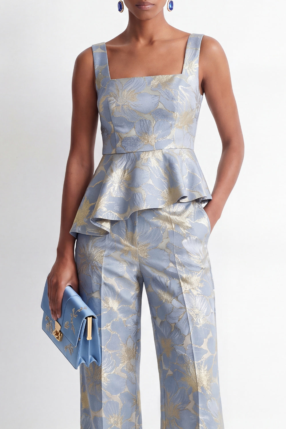 Grey Blue Floral 2 Piece Ruffled Square Neck Business Suits with Pockets