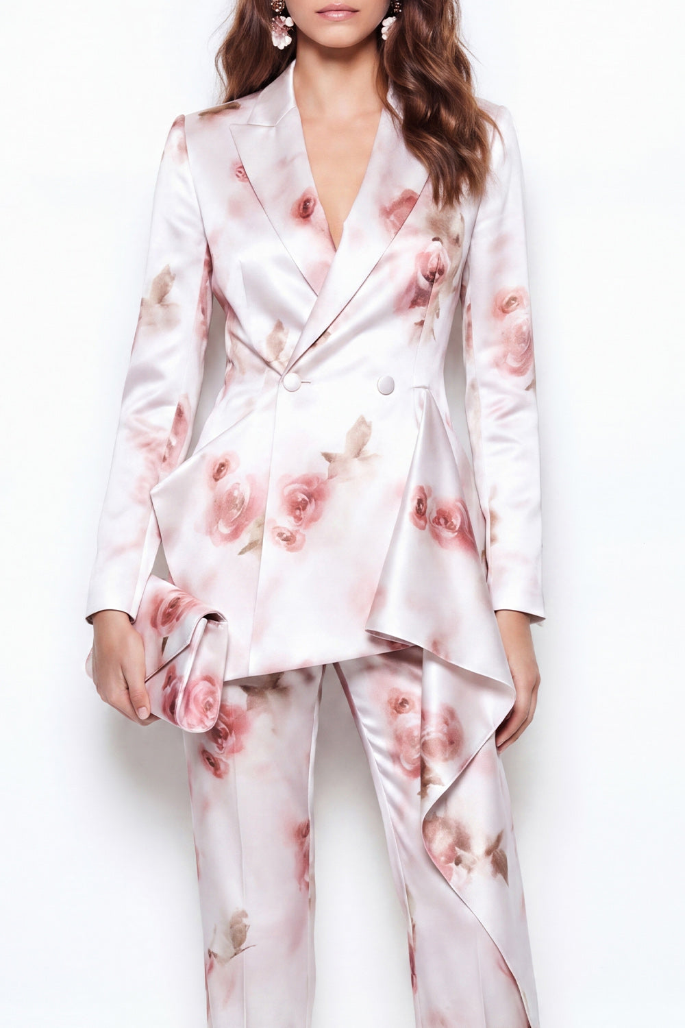 White Red Flower Ruffled Double Breasted Peak Lapel 2 Piece Business Suits