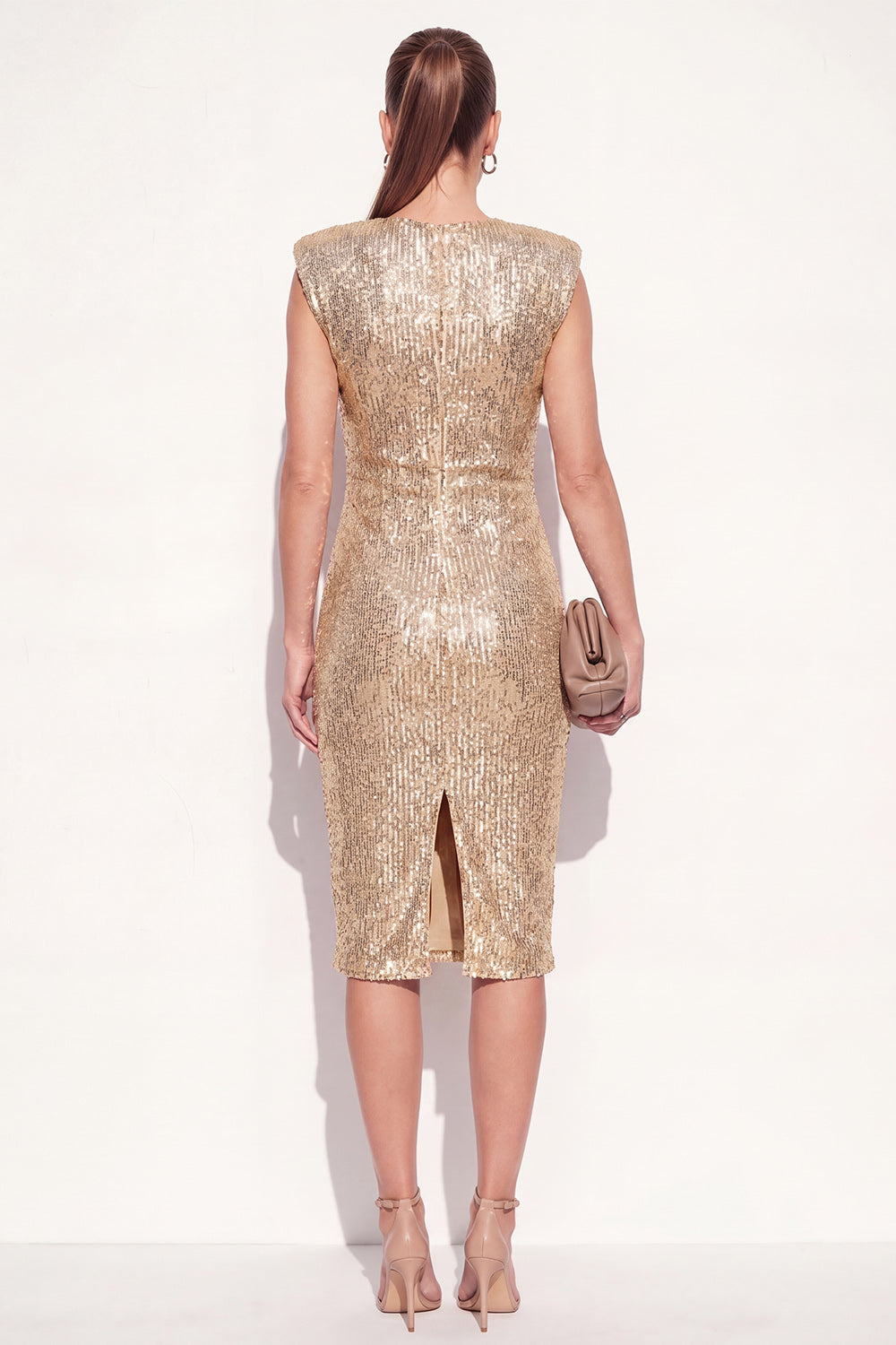 Sparkly Golden Round Neck Sequins Midi Ruched Work Dress