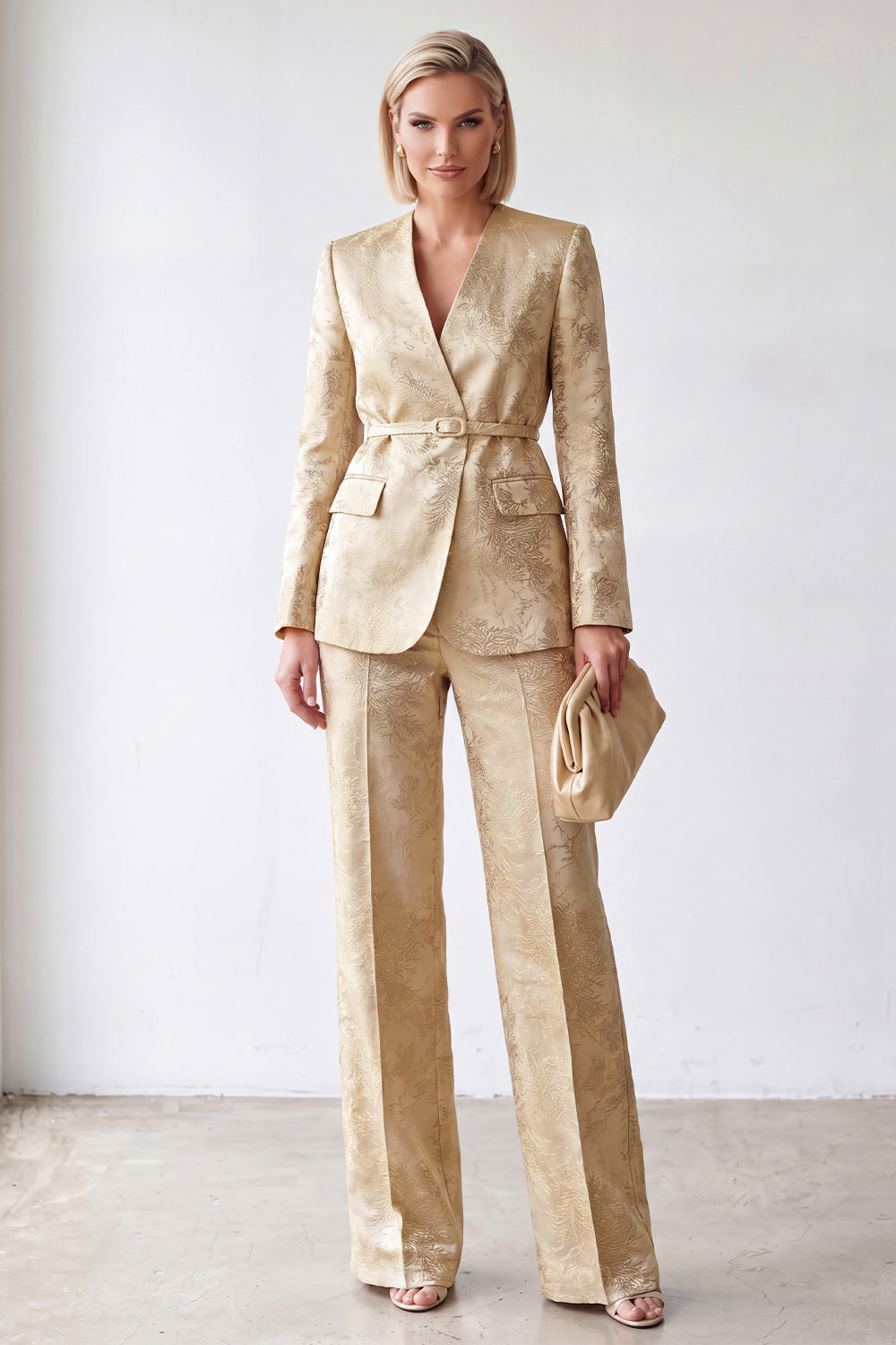 Golden Floral V-Neck Slim Fit 2 Piece Business Suits with Belt